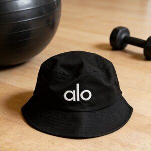 Alo Yoga Black Bucket Hat with White Embroidered Logo